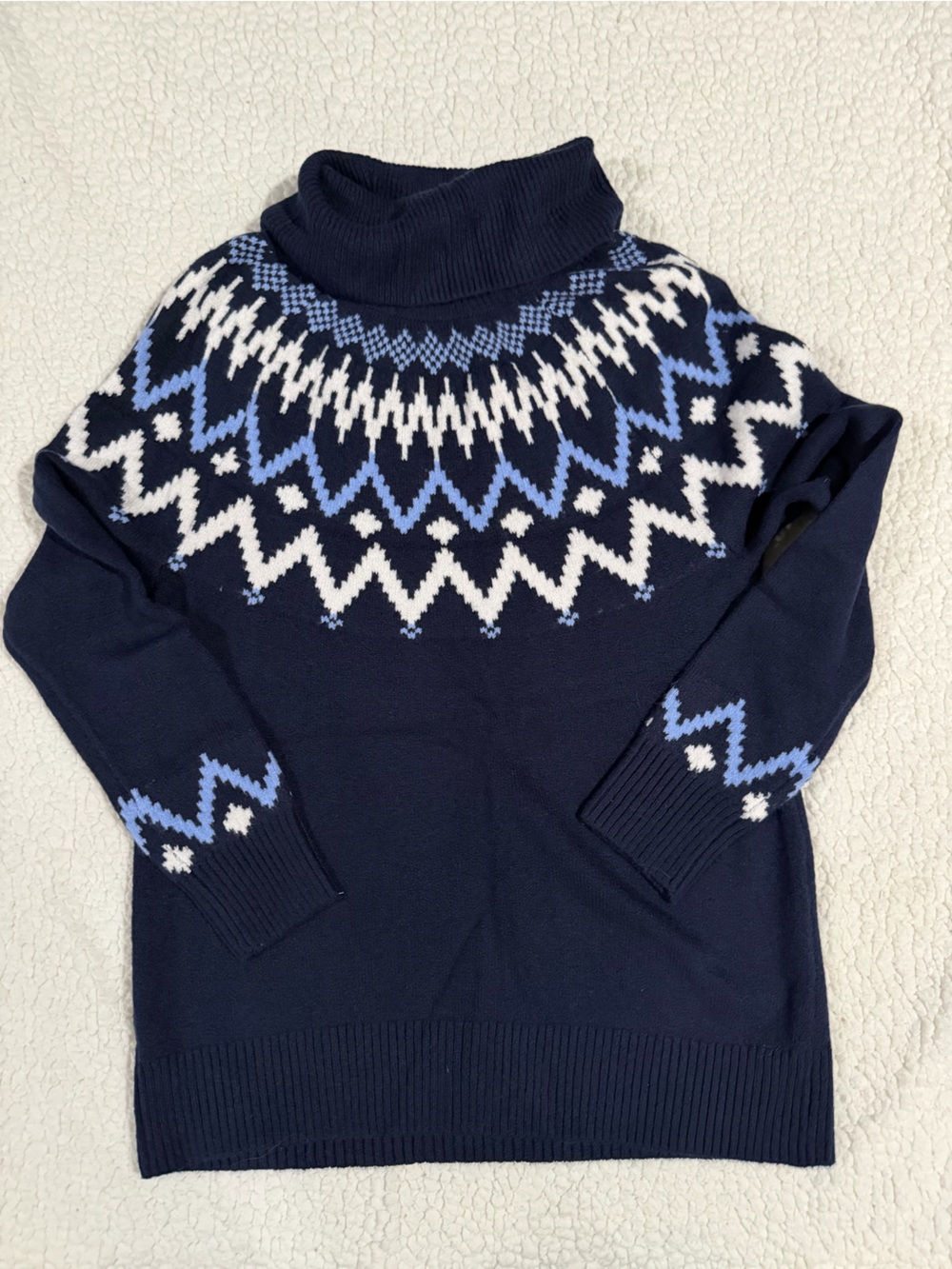 LOFT Navy Fair Isle Turtleneck Sweater with White and Light Blue Accents